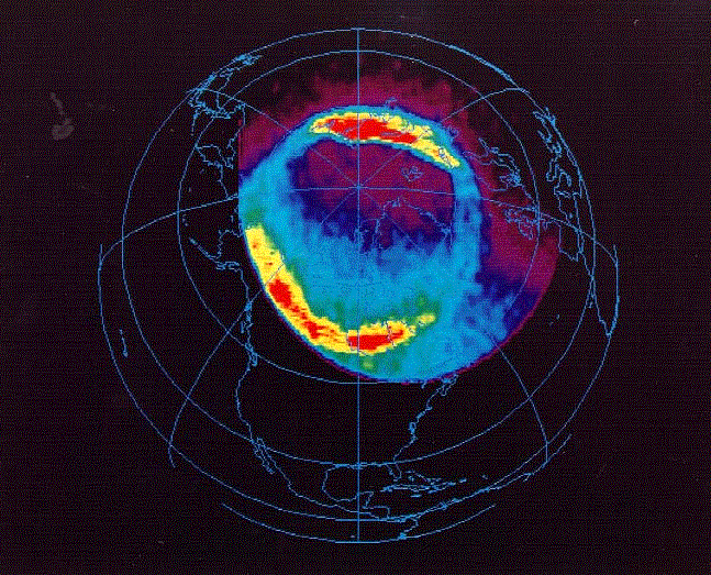 Псевдоизображение северного овала полярных сияний во время магнитной бури.